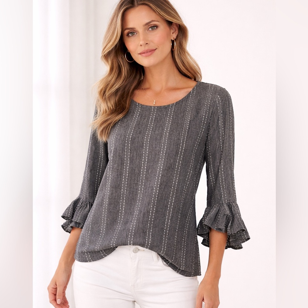 W5 by Anthropologie Streamed Tweed Dot Ruffle Sleeve Blouse Gray Medium EUC